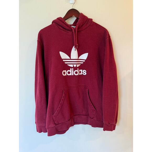 Adidas Hoodie Men Large Maroon Trefoil Logo Casual Outerwear Pullover Sweatshirt - Picture 1 of 10